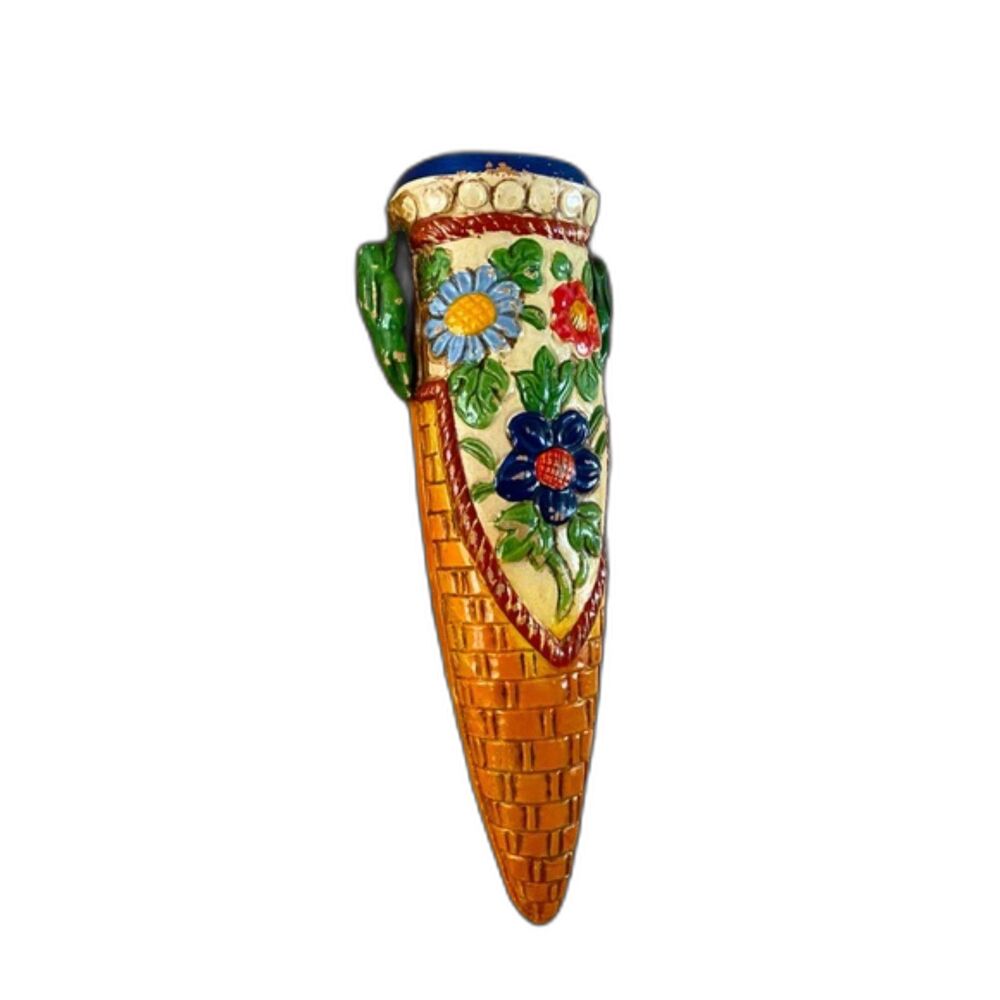 VTG Art Deco Japanese Floral Majolica Style Wall Pocket Vase Textured Ceramic - Picture 3 of 5